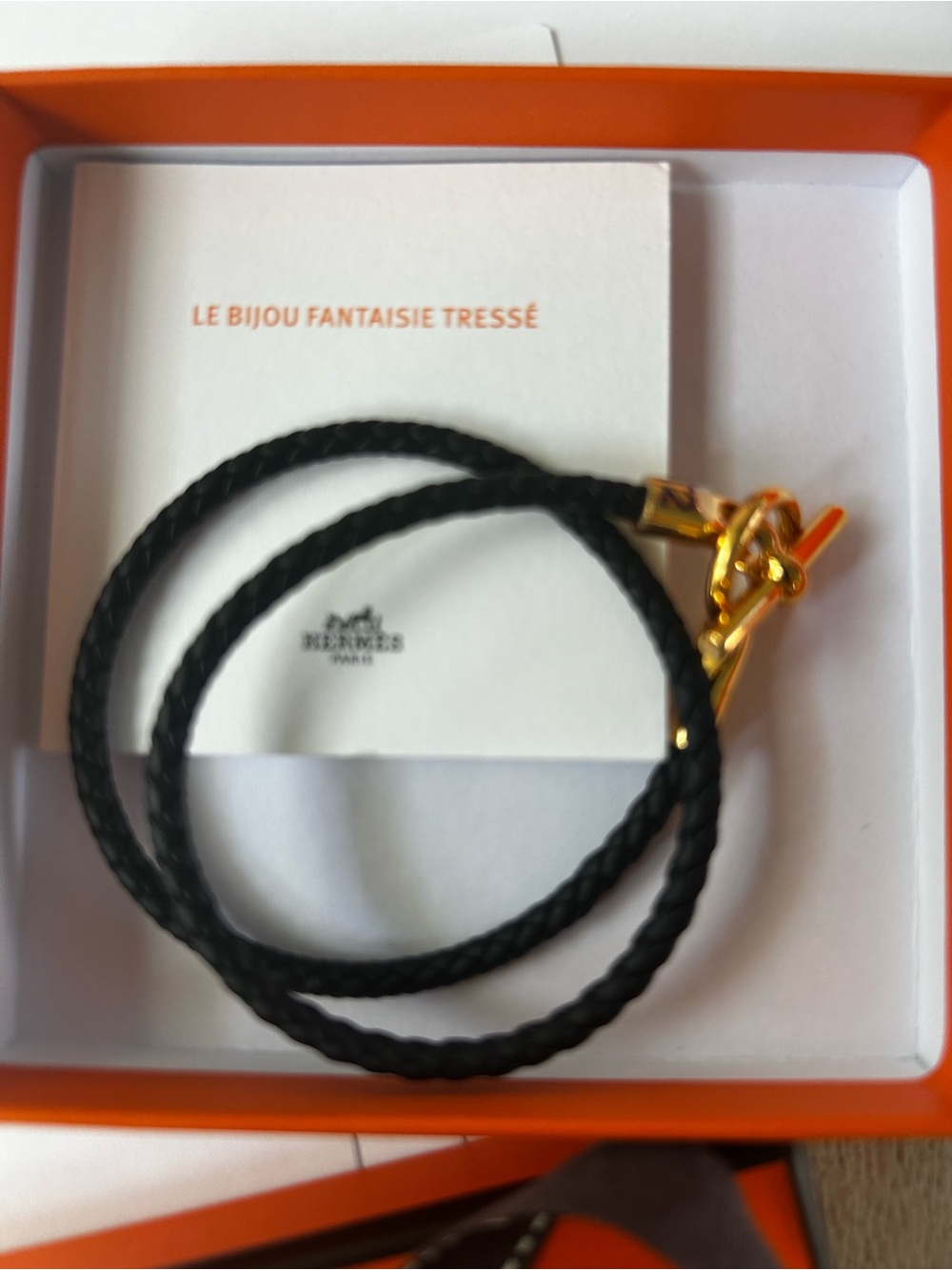 Hermes Black Braided Leather Bracelet with Gold Hardware